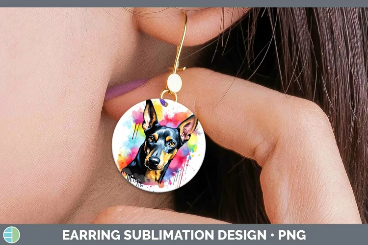 Rainbow Dog Doberman Pinscher Round Earrings Sublimation Ear