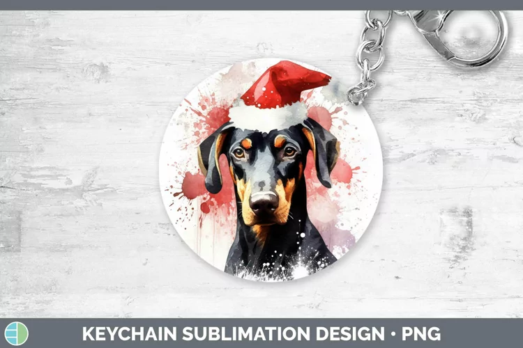 Santa Hat Doberman Pinscher Keychain Sublimation Keyring Des
