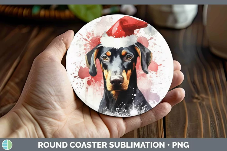 Santa Hat Doberman Pinscher Round Coaster Sublimation Coaste