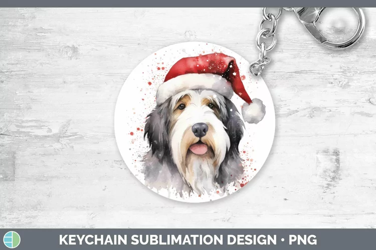 Santa Hat Old English Sheepdog Keychain Sublimation Keyring
