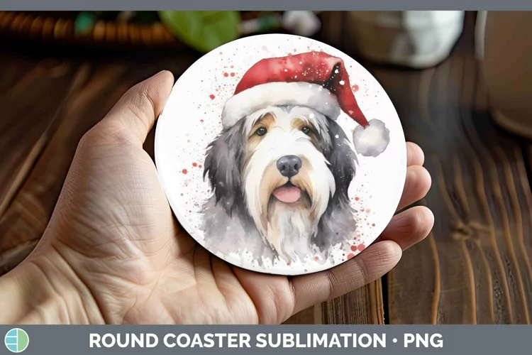 Santa Hat Old English Sheepdog Round Coaster Sublimation Coa