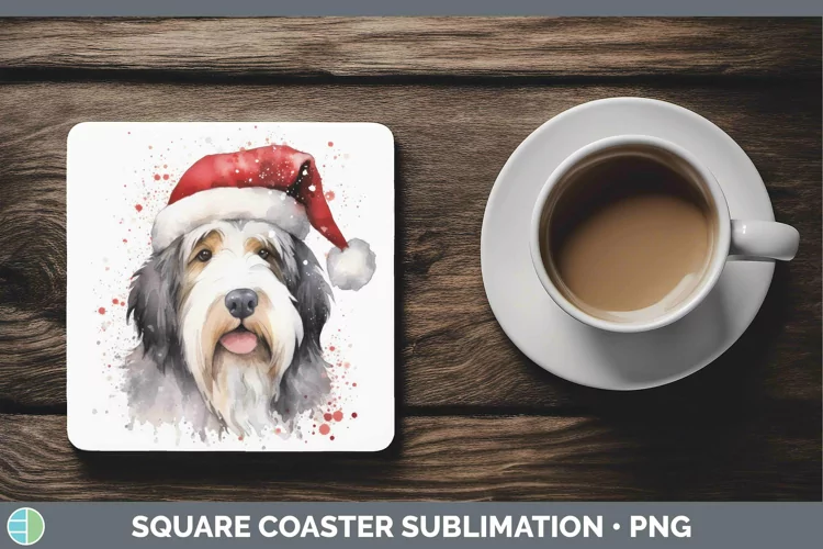 Santa Hat Old English Sheepdog Square Coaster Sublimation Co