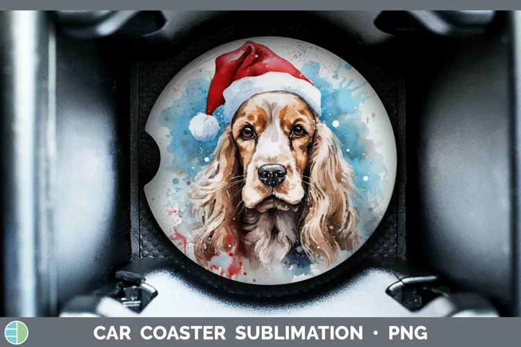 Santa Hat Cocker Spaniel Car Coaster Sublimation Coaster Des