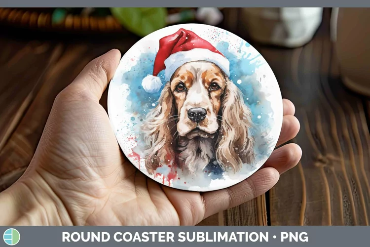 Santa Hat Cocker Spaniel Round Coaster Sublimation Coaster D