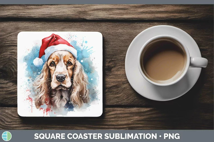 Santa Hat Cocker Spaniel Square Coaster Sublimation Coaster