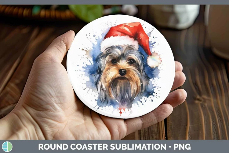 Santa Hat Yorkshire Terrier Round Coaster Sublimation Coaste