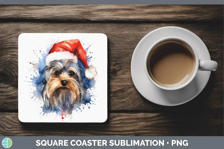 Santa Hat Yorkshire Terrier Square Coaster Sublimation Coast