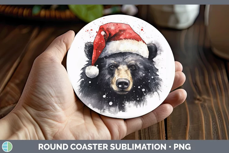 Santa Hat Black Bear Round Coaster Sublimation Coaster Desig