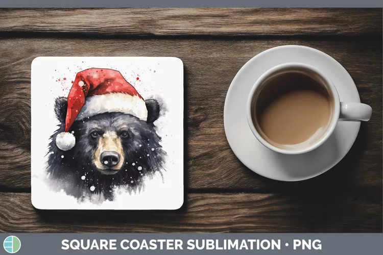Santa Hat Black Bear Square Coaster Sublimation Coaster Desi