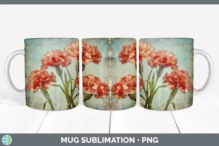 Vintage Carnation Flowers Mug Wrap | Sublimation Coffee Cup