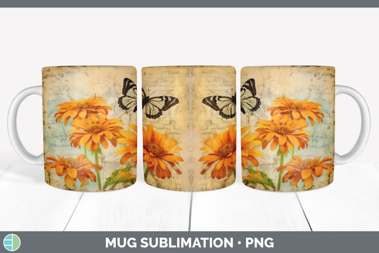 Vintage Calendula Flowers Mug Wrap | Sublimation Coffee Cup