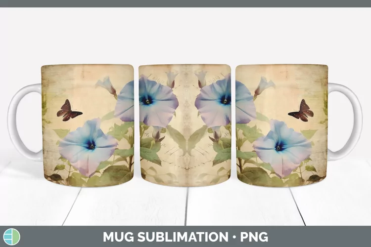 Vintage Morning Glory Flowers Mug Wrap | Sublimation Coffee
