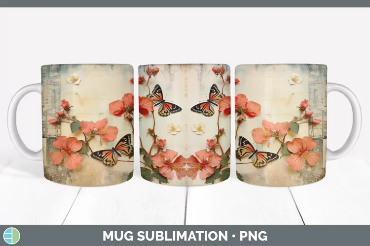 Vintage Abutilon Flowers Mug Wrap | Sublimation Coffee Cup D