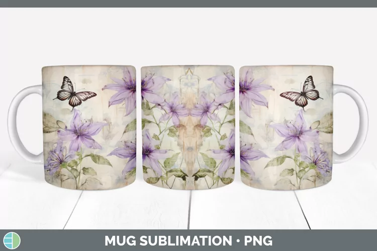 Vintage Clematis Flowers Mug Wrap | Sublimation Coffee Cup D