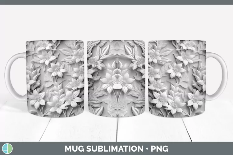 White 3D Sculpture Delphinium Mug Wrap Sublimation Coffee Cu