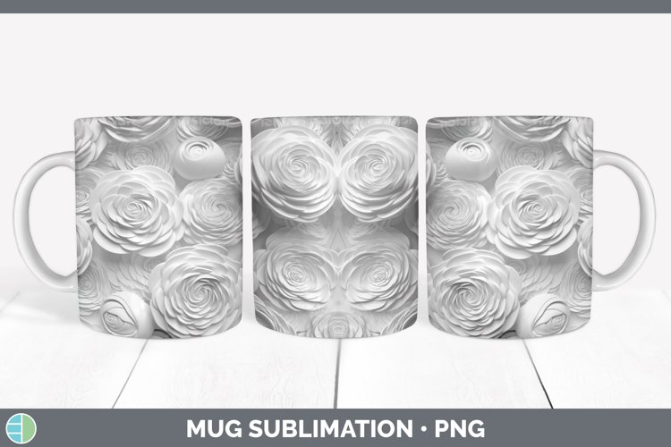 White 3D Sculpture Ranunculus Mug Wrap Sublimation Coffee Cu