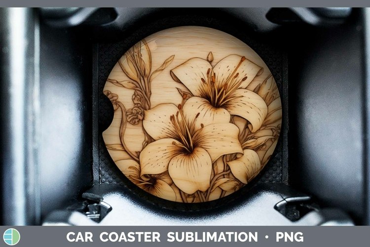 GorgeousED-MD-WBN-S01 Wood Burned Flowers Car Coaster design.