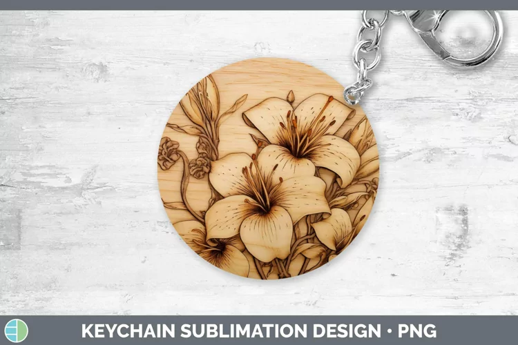 Wood Burned Flowers Azalea Keychain Sublimation Keyring