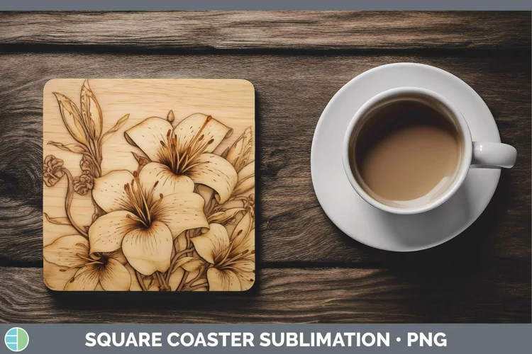 Wood Burned Flowers Azalea Square Coaster Sublimation Coaste