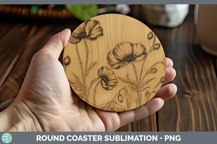 Wood Burned Flowers Buttercup Round Coaster Sublimation Coas