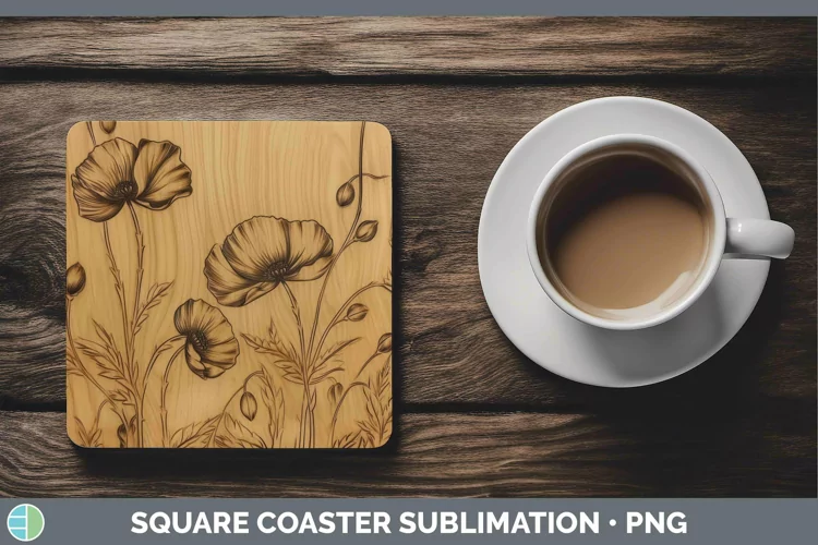 Wood Burned Flowers Buttercup Square Coaster Sublimation Coa
