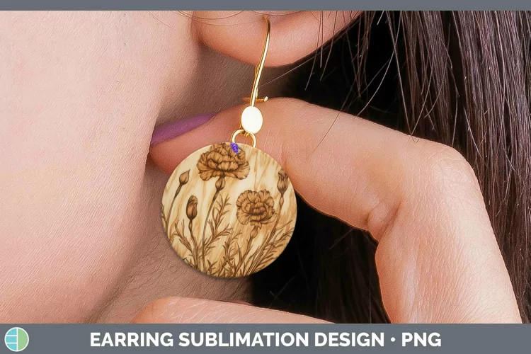 Wood Burned Flowers Carnation Round Earrings Sublimation Ear