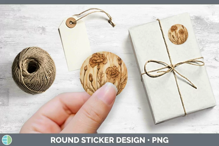 Wood Burned Flowers Carnation Stickers | Round Labels Design