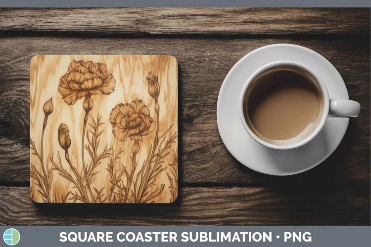 Wood Burned Flowers Carnation Square Coaster Sublimation Coa