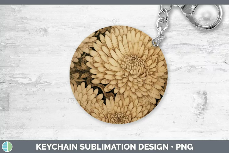 Wood Burned Flowers Chrysanthemum Keychain Sublimation Keyri
