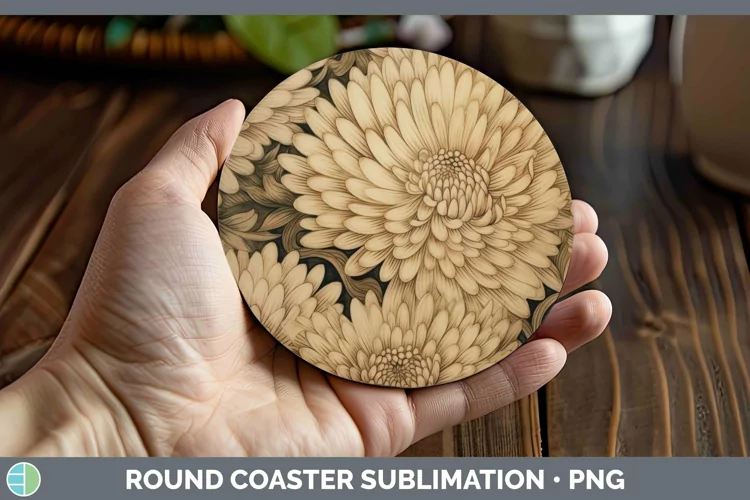 Wood Burned Flowers Chrysanthemum Round Coaster Sublimation