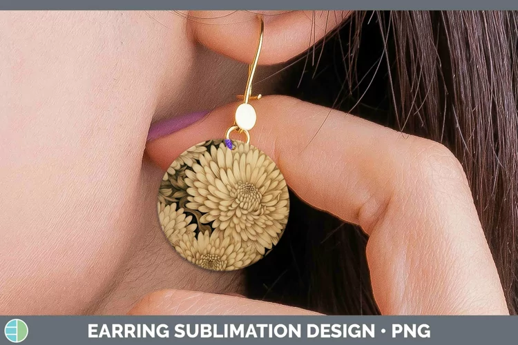 Wood Burned Flowers Chrysanthemum Round Earrings Sublimation