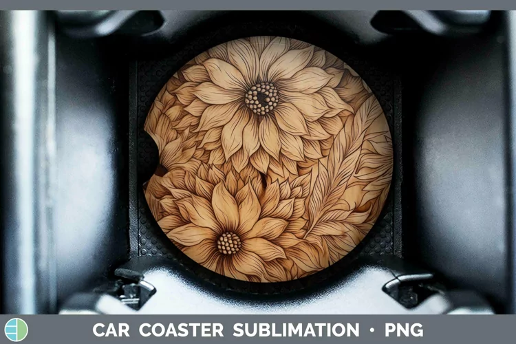 Wood Burned Flowers Dahlia Car Coaster Sublimation Coaster D