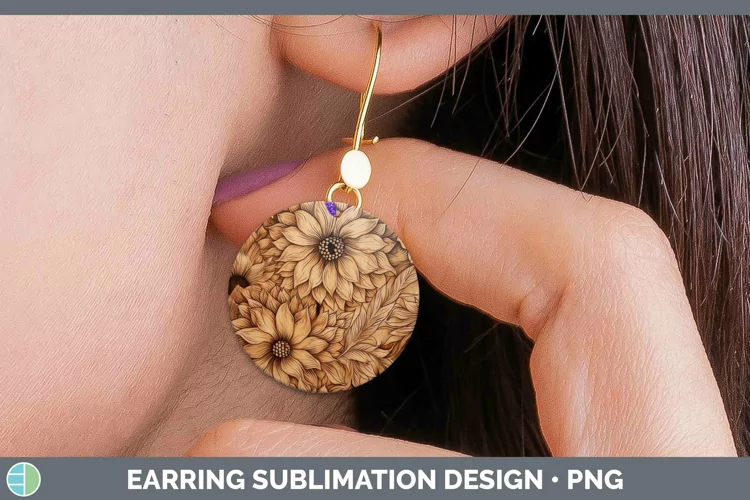Wood Burned Flowers Dahlia Round Earrings Sublimation Earrin