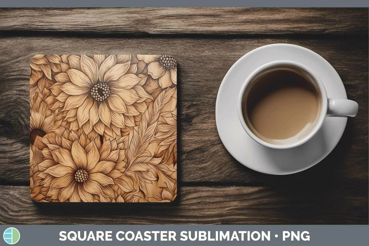 Wood Burned Flowers Dahlia Square Coaster Sublimation Coaste