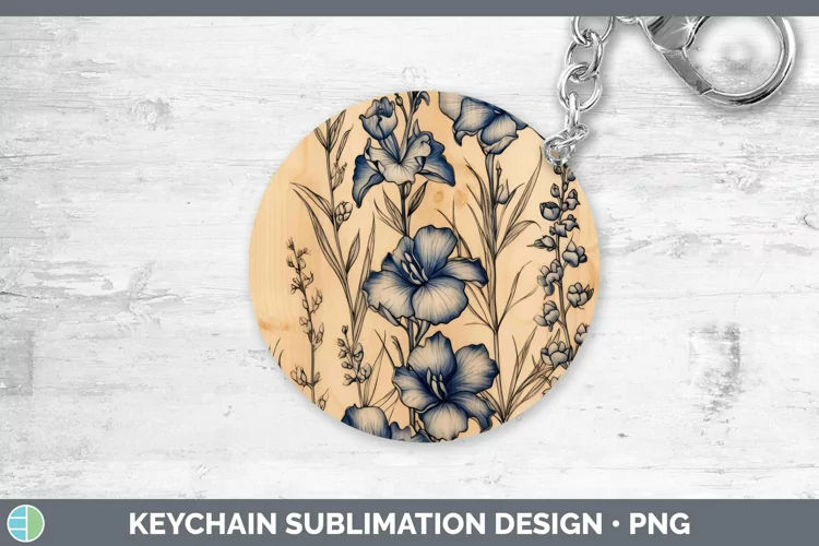 Wood Burned Flowers Delphinium Keychain Sublimation Keyring