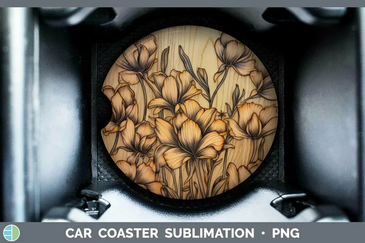 Wood Burned Flowers Freesia Car Coaster Sublimation Coaster