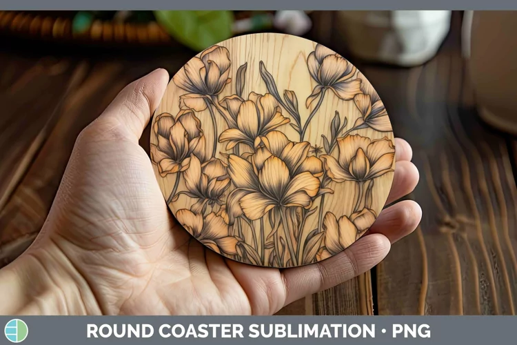 Wood Burned Flowers Freesia Round Coaster Sublimation Coaste