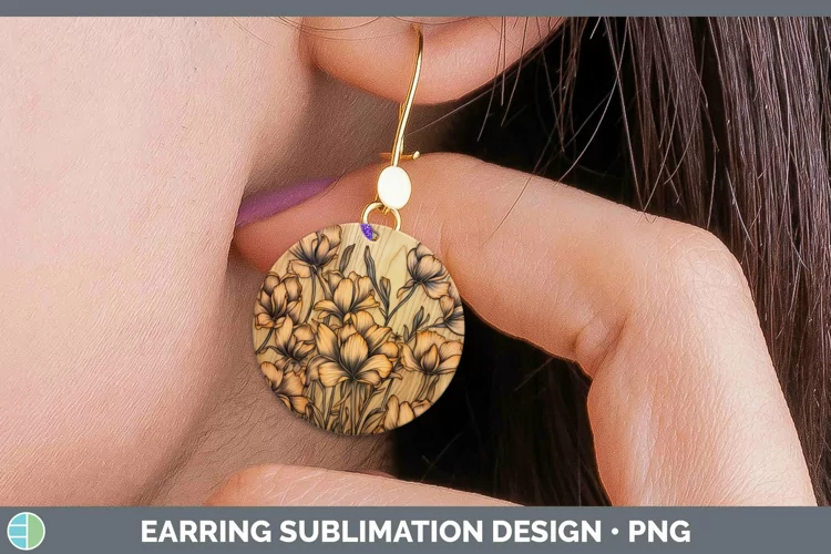 Wood Burned Flowers Freesia Round Earrings Sublimation Earri