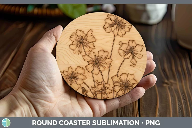 Wood Burned Flowers Geranium Round Coaster Sublimation Coast