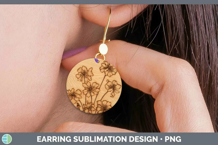 Wood Burned Flowers Geranium Round Earrings Sublimation Earr