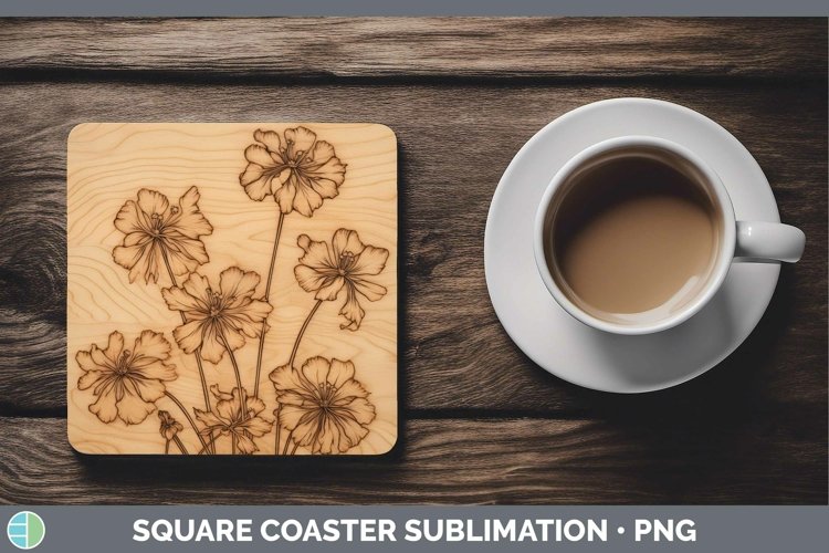 GorgeousWood Burned Flowers Square Coaster design.