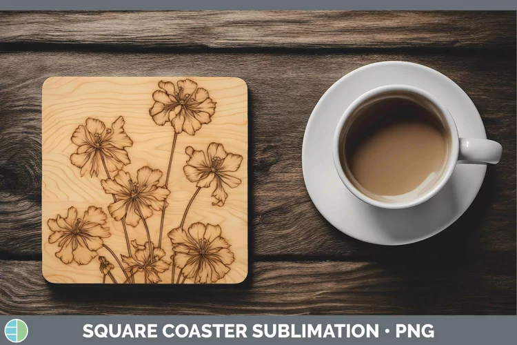 Wood Burned Flowers Geranium Square Coaster Sublimation Coas