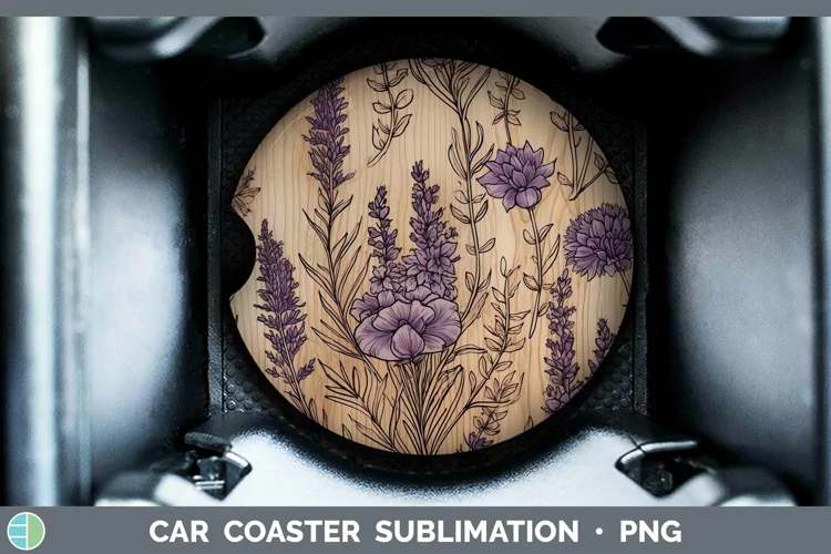 Wood Burned Flowers Lavender Car Coaster Sublimation Coaster