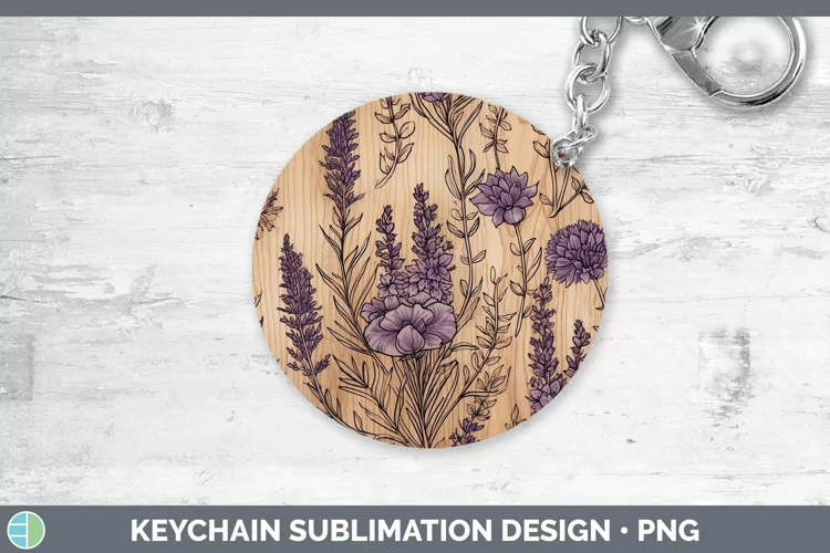 Wood Burned Flowers Lavender Keychain Sublimation Keyring De