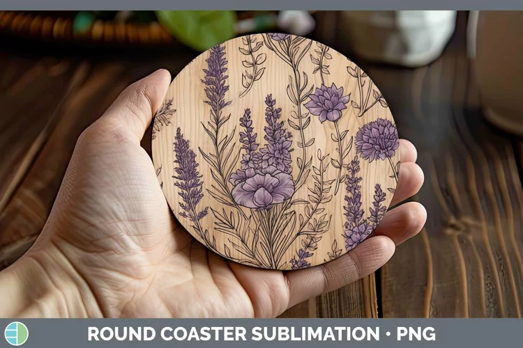 Wood Burned Flowers Lavender Round Coaster Sublimation Coast