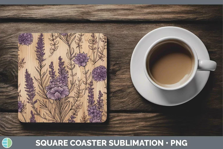 Wood Burned Flowers Lavender Square Coaster Sublimation Coas