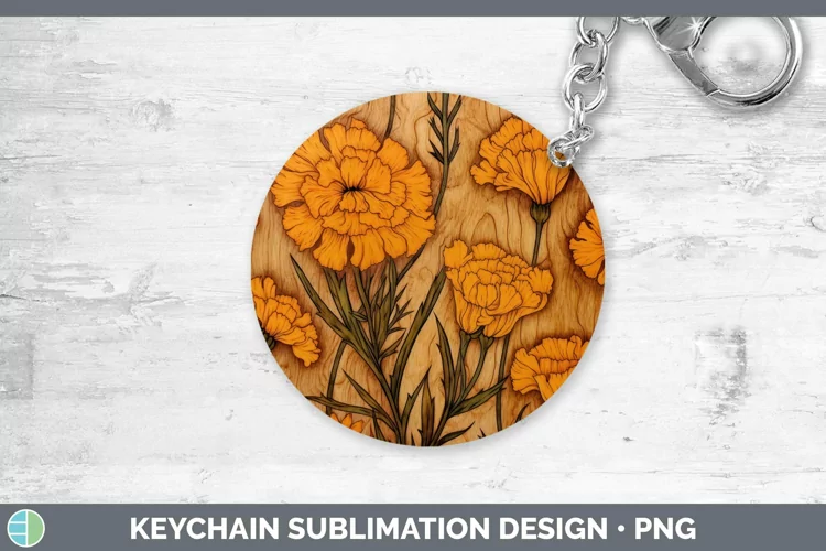 Wood Burned Flowers Marigold Keychain Sublimation Keyring De