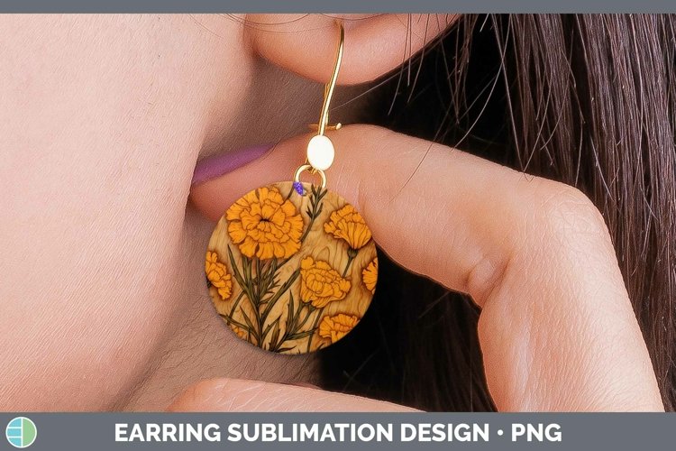 Wood Burned Flowers Marigold Round Earrings Sublimation Earr