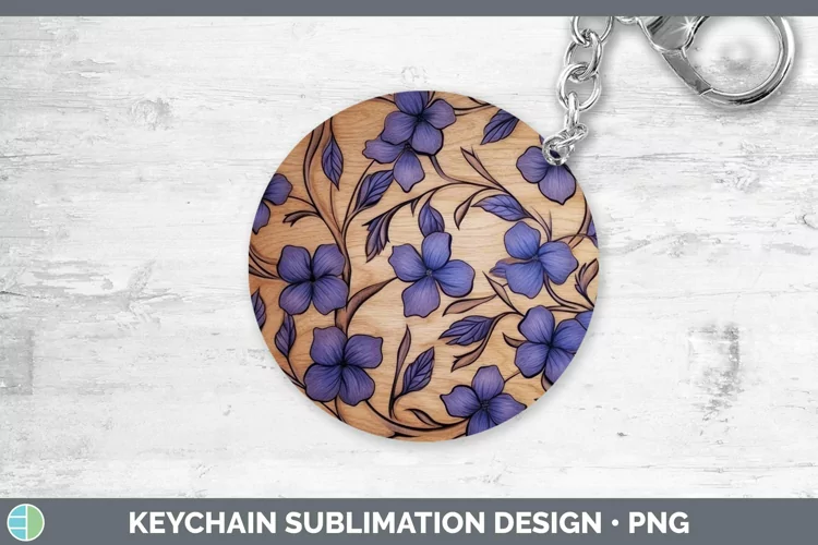 Wood Burned Flowers Periwinkle Keychain Sublimation Keyring