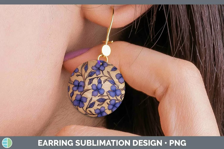 Wood Burned Flowers Periwinkle Round Earrings Sublimation Ea